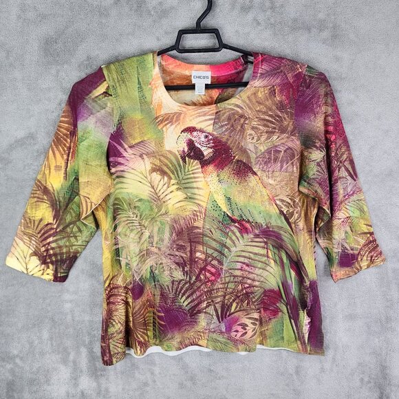 Womens Multicolor Chicos Tropical Top Blouse Parrot Print 3/4 Sleeve Size 3 - Picture 2 of 8